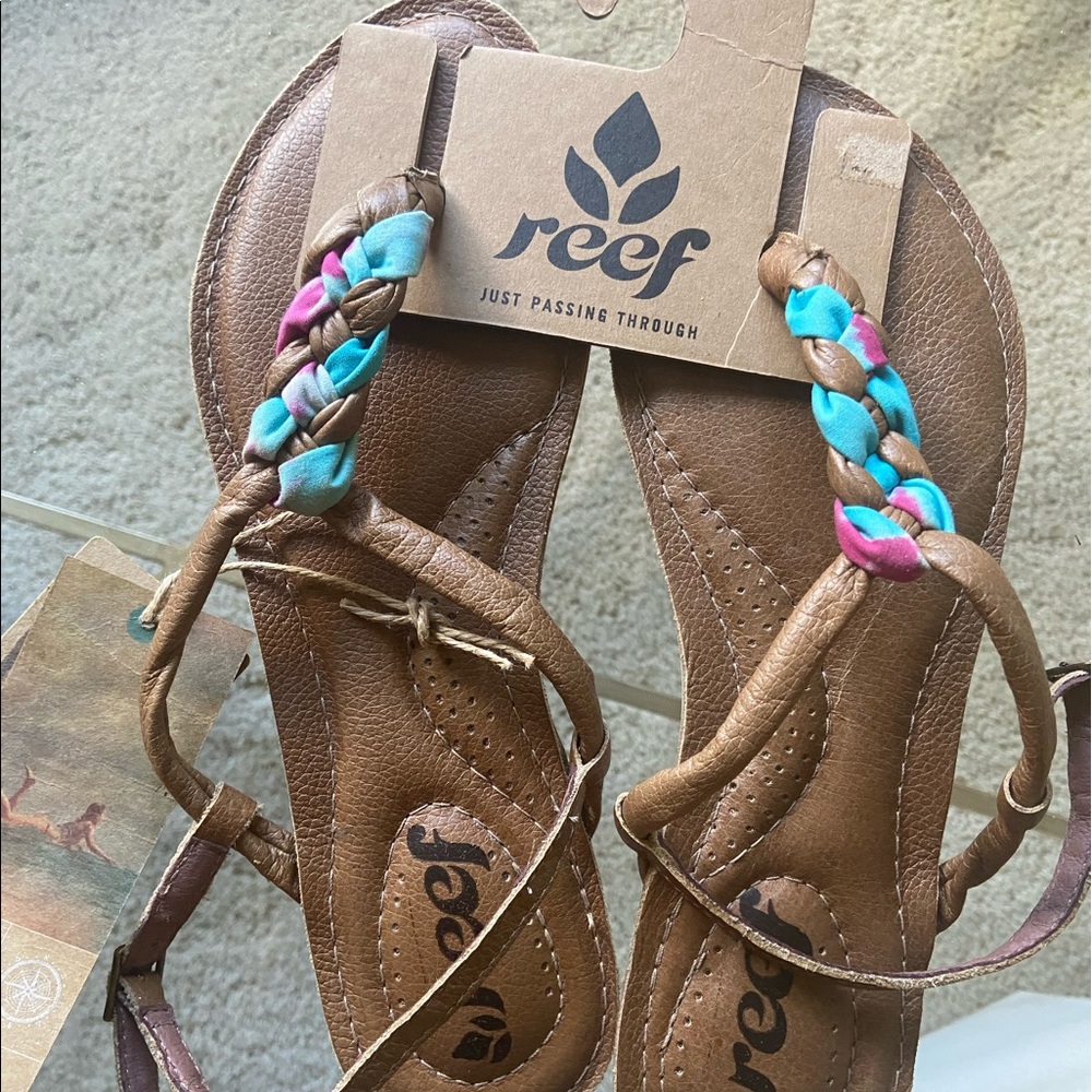 Reef Brown Sandals with Turquoise and Pink Braided Straps